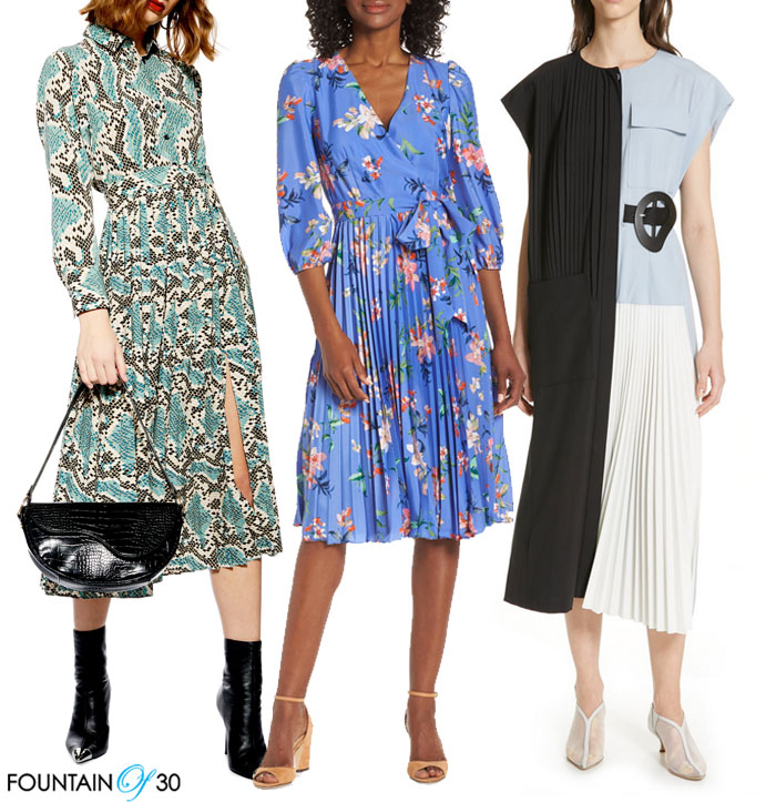 pleated dresses spring topshop, eliza j, tibi pleated dresses trend women over 40 fountainof30