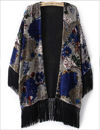Sheinside Grey Long Sleeve Tassel Floral Pattern Kimono