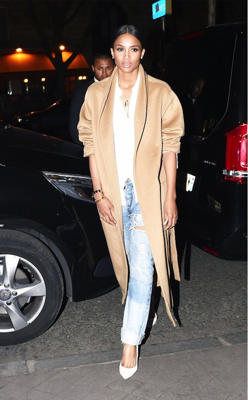 Celebrity Style, Ciara , Oversized Camel Coat, Faded Jeans