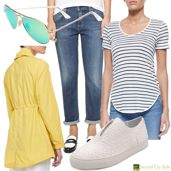 Summer Cookout Outfit, Citizens of Humanity, Ray-Bans, Vince Sneakers, rag & bone Tee, Eileen Fisher Jacket