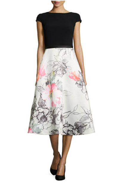 Theia. Bateau-Neck, Combo Dress w/ Floral Skirt