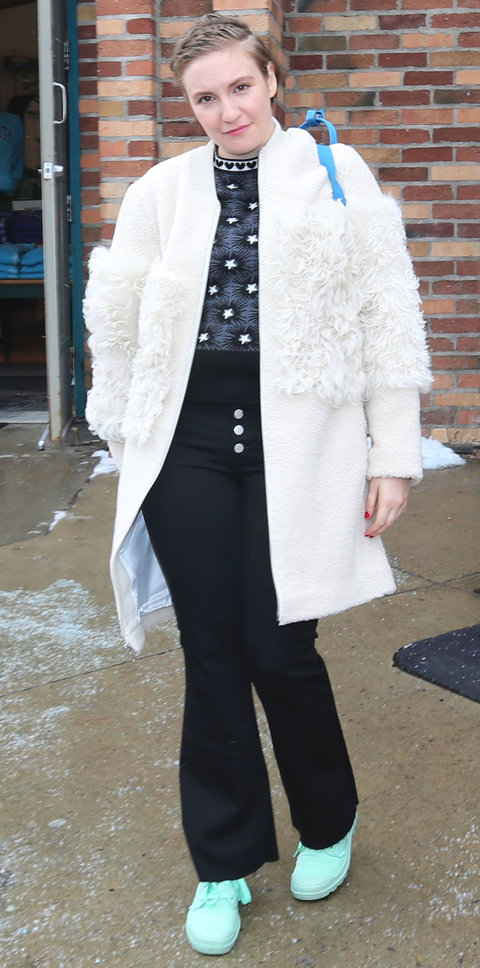 Lena Dunham in Loeffler Randall coat, J Brand jeans