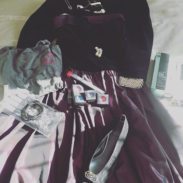 80s Prom dress and makeup layed out 