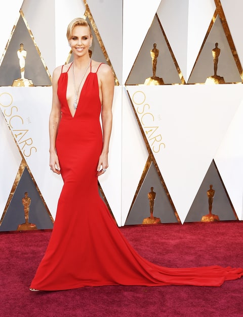 Charlize Theron Red deep v gown Dior Haute Couture 