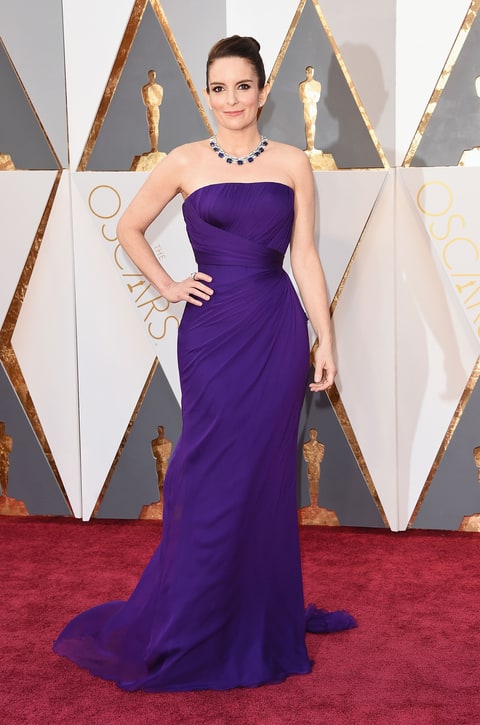 Tina Fey in violet Atelier Versace strapless gown red carpet
