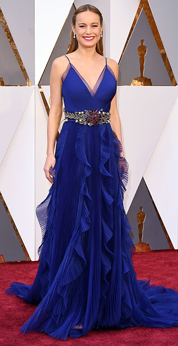 Brie Larson in royal blue ruffle Gugcci gown red carpet