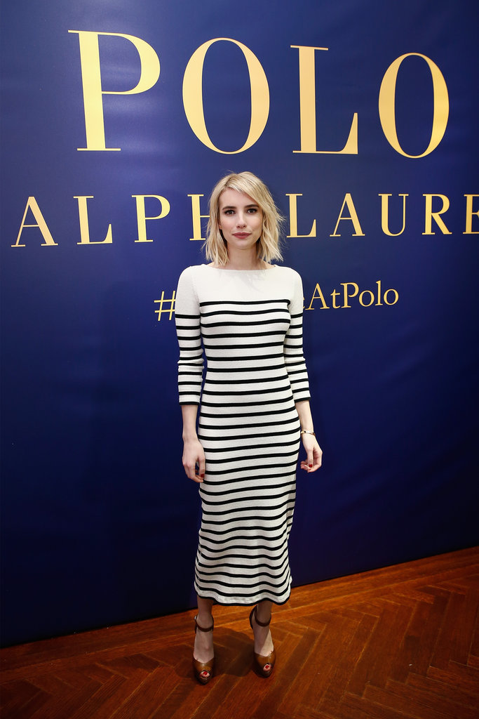 Emma Roberts White stripe sweater dress at Polo Ralph Lauren 