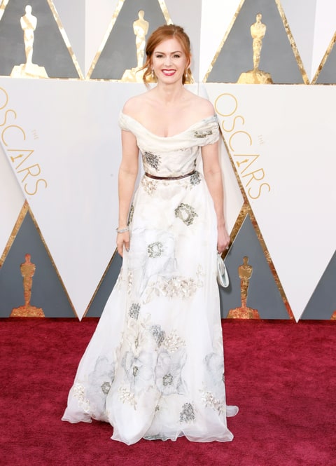 Isla Fisher in white and grey floral Marchesa gown