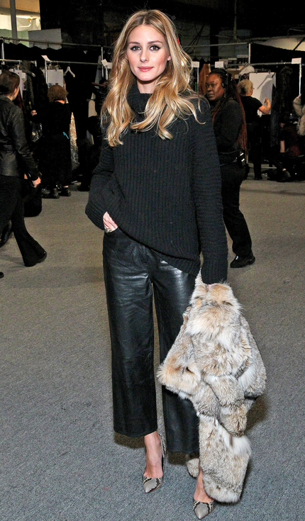 Olivia Palermo leather pants and fur Dennis Basso