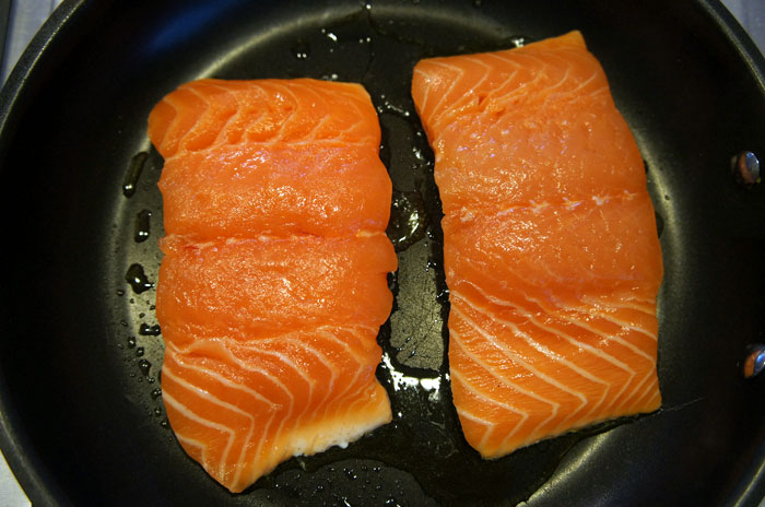 Salmon and Pineapple Salsa salmon searong in pan