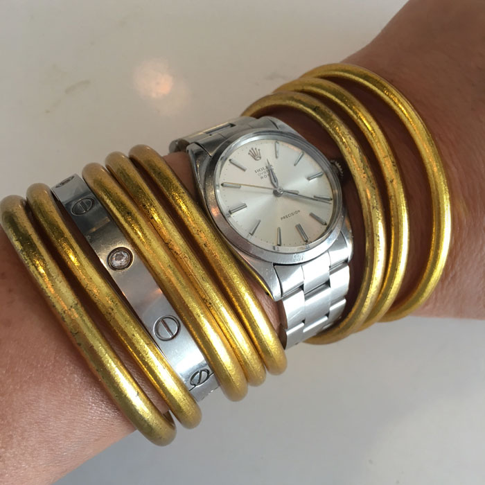 BuDhaGirl-gold-bangles-silver-watch