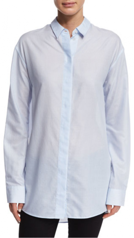Acne Studios shirt Pinstripe Long-Sleeve Blouse, Light Blue Jessica Alba Celebrity Style Menswear Fashion Trend jessica-alba-celebrity-style-menswear-pinstripe-shirt-blue-oversized