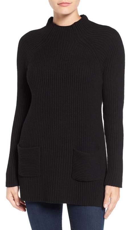 Chaus Black Two-Pocket Mock Neck sweater Karlie Kloss Airport Chic