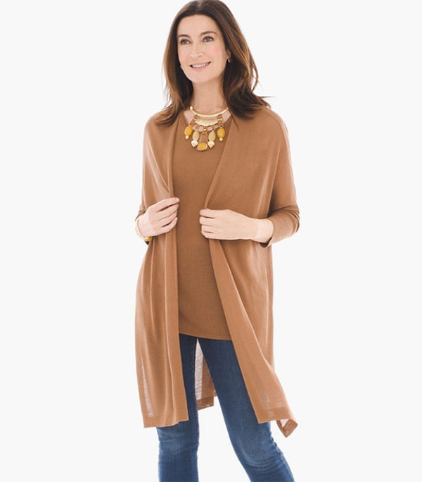 fashion mistakes that make you look older shapeless clothes tan sweater set on brunette model