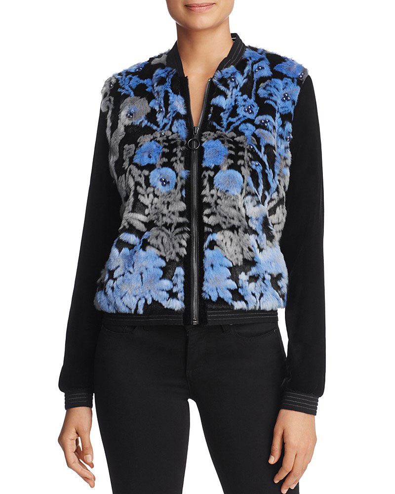 Elie Tahari blue Brandy Faux Fur Bomber Jacket Kate Mara's airport travel style jacket
