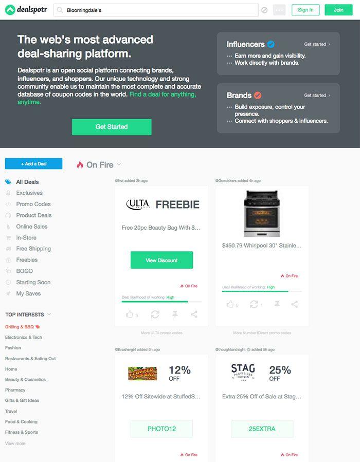 Dealspotr screen grab home page