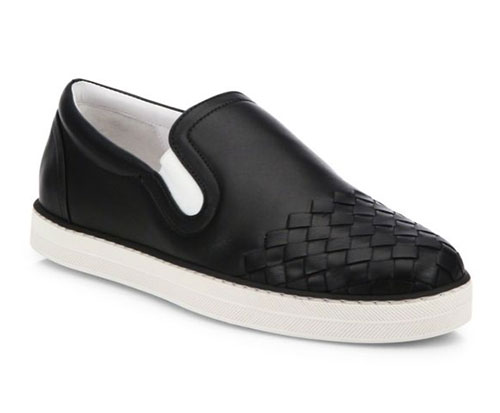 Bottega Veneta Black Intrecciato Leather Slip-On Sneakers Jessica Alba celebrity look for less slip on sneakers