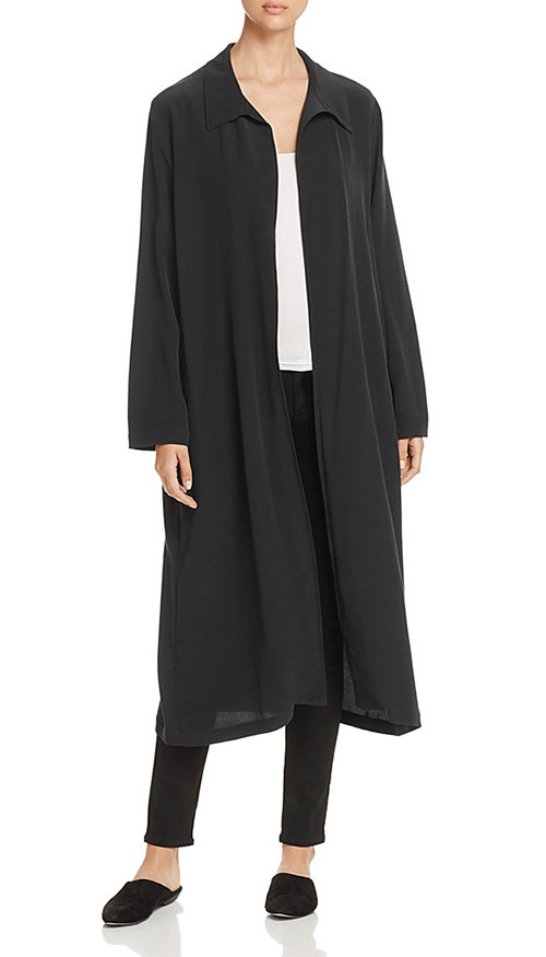 Eileen Fisher Black Collared Duster Jacket Jessica Alba celebrity look for less black duster coat