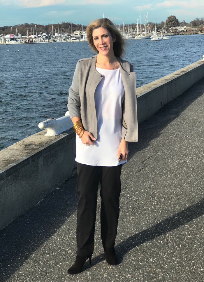 Misook outfit of the day Lauren Dimet Waters Moto Jacket white tunic black pants Misook outfit of the day Moto Jacket white tunic and black pants