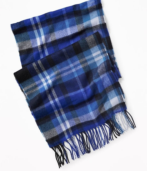 Zanna Roberts Rassi look for less blue plaid scarf