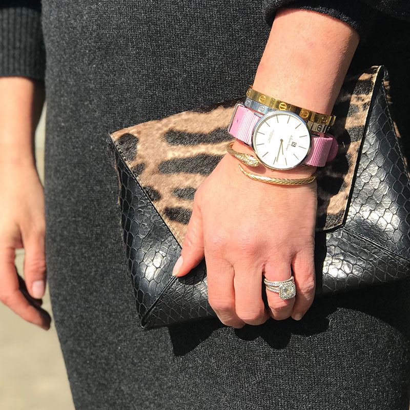 Stefano Lungo Changes Watch with pink band and tiger print handbag