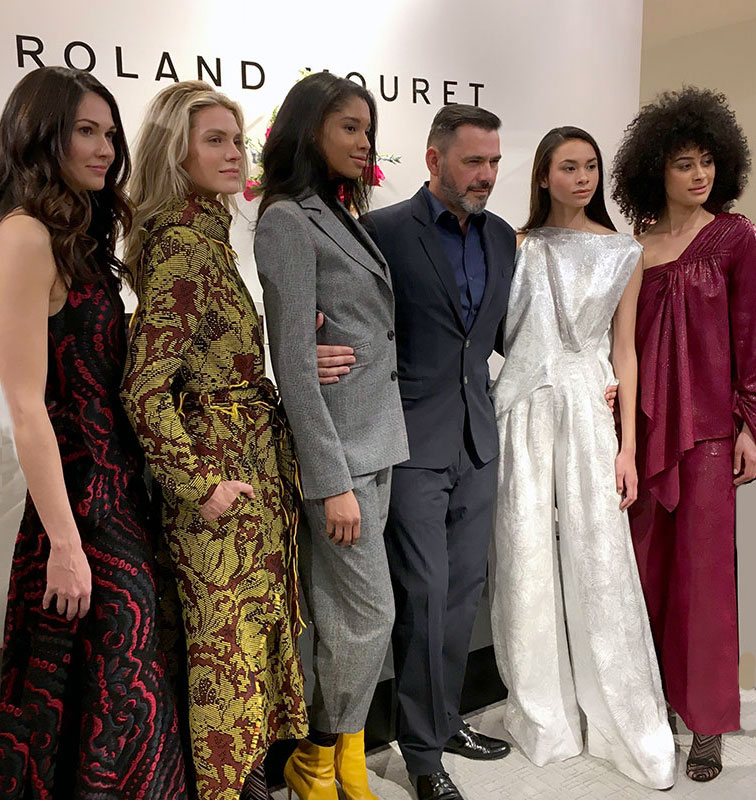 Roland Mouret with models in Fall 2018 collection in Chicago at Neiman MArcus