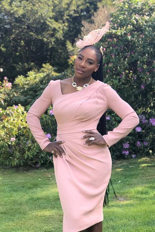 Understated Celebrity Style Serena Williams in pink Versace Royal Wedding 2018