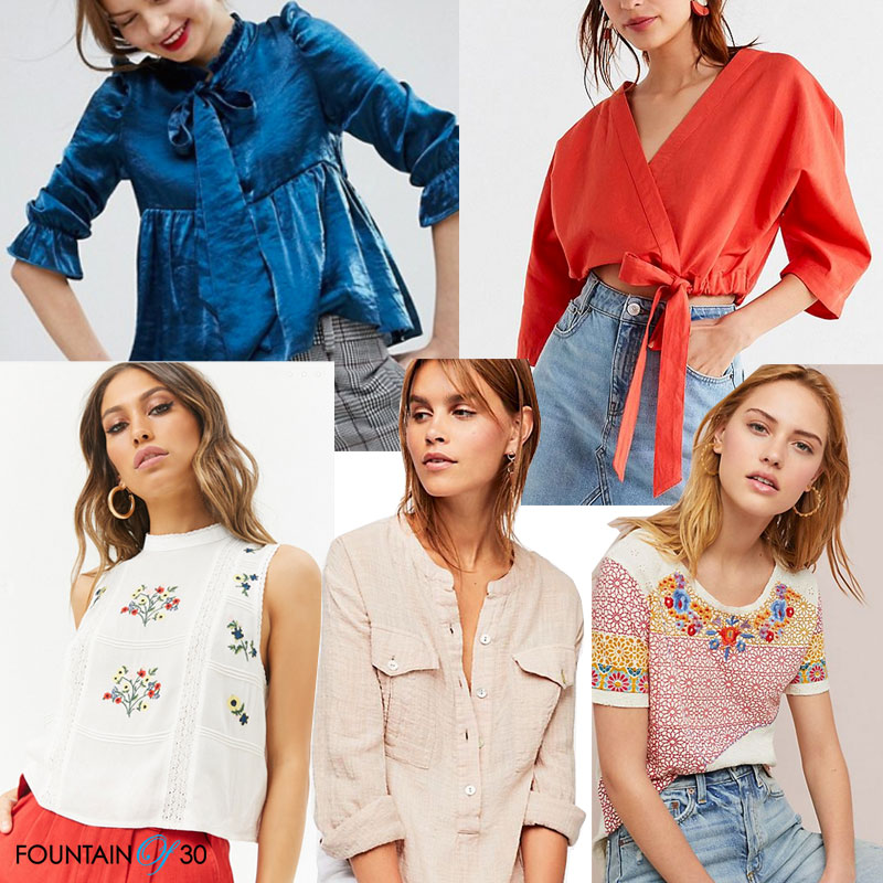 springtime tops ruffles, wrap, eyelet, button up, t-shirt