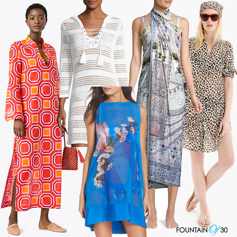 beach caftans and cover-ups, geometric colors, white knit, sarong, blue floral, leopard