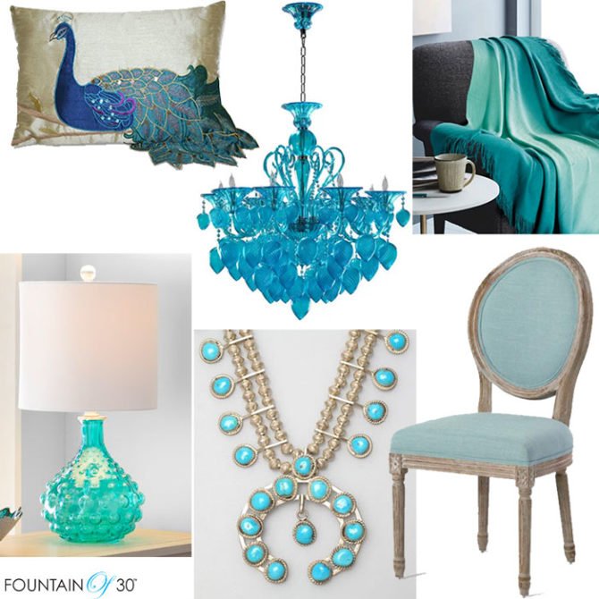 teal vs tourquois, pillow, chandelier, throw, lamp on table, necklace, chair teal vs turquois home decor fountainof30