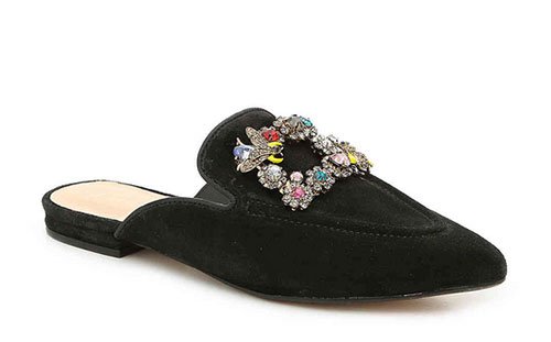 Karlie Kloss Evening Look for Less black embellished flat mules