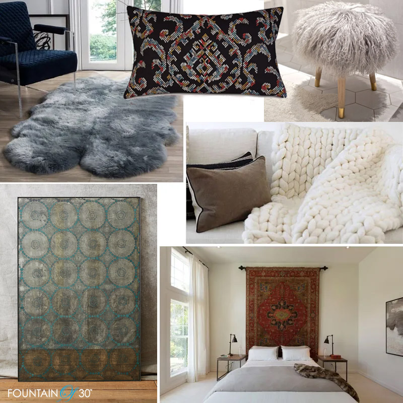 Cozy Fall Decorating Ideas sheepskin rug, chunky knit wool throws, tapestry pillows