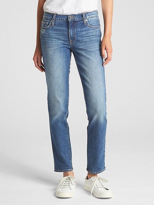 Emily Ratajkowski leather trench look medium blue Mid Rise Straight leg Jeans