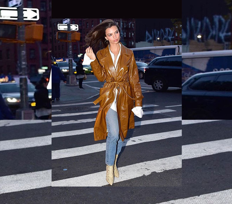 Emily Ratajkowski leather trench look