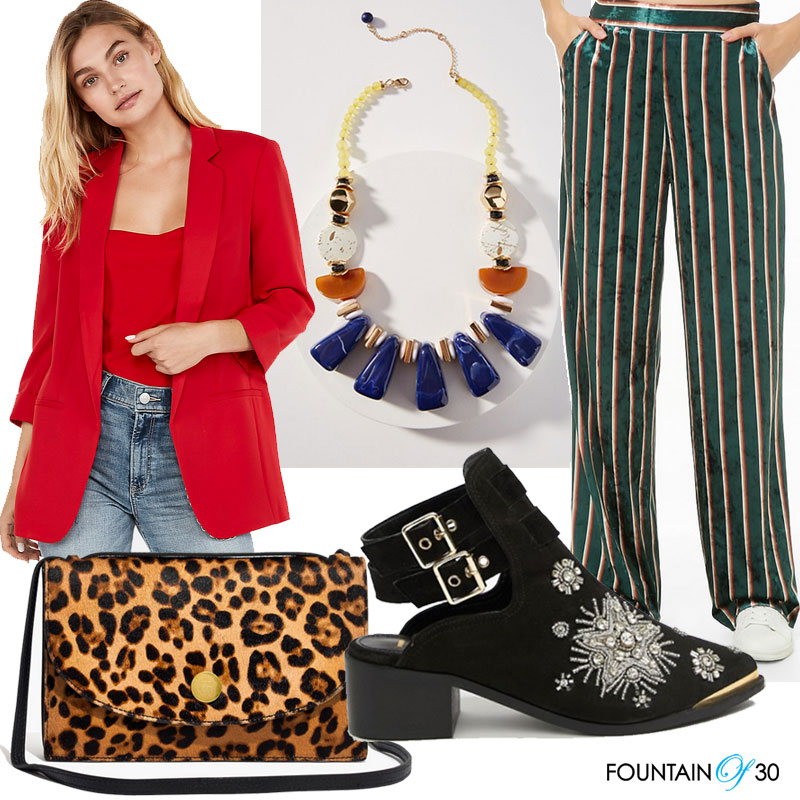 fall statement pieces red blazer leopard bag stripe pants