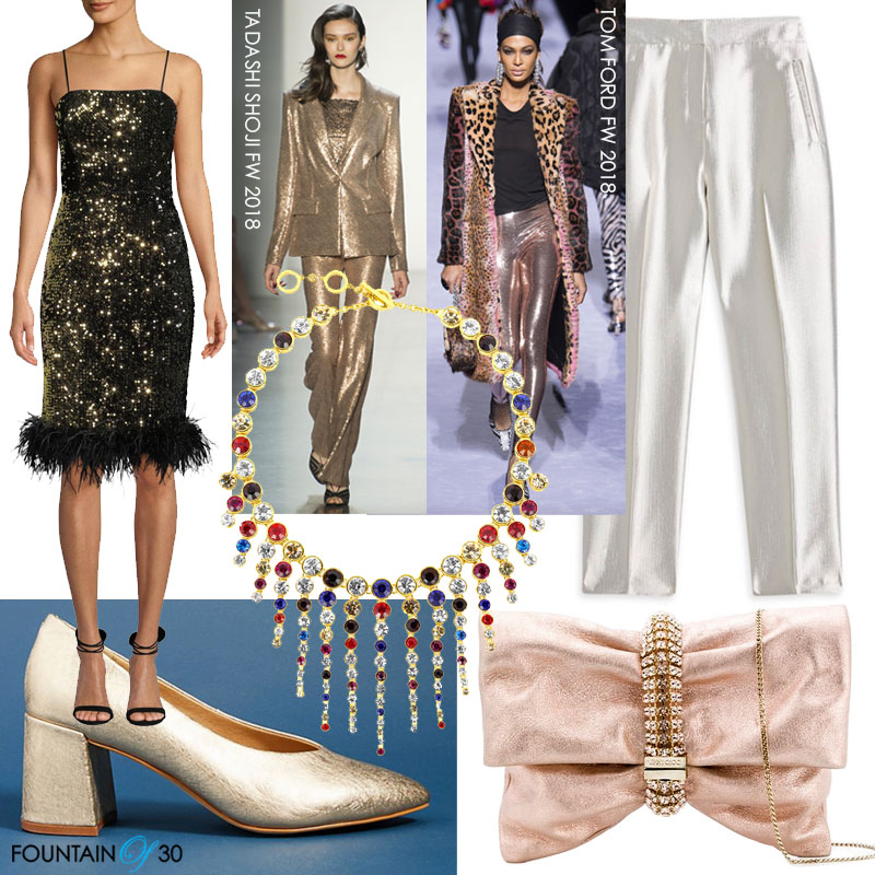 Holiday Shimmer Fashion sequin feather dress, runway fashion models, crystal necklace, gold shoes, silver pants, simmer pink clutch bag