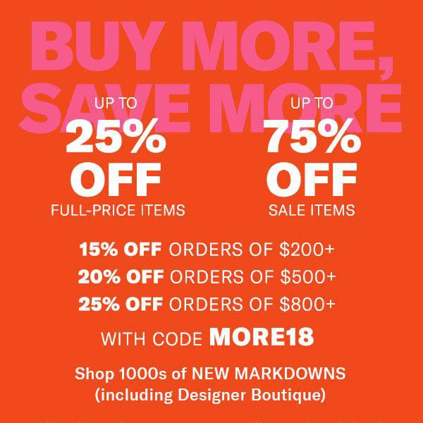 Shopbop Buy More Save More sale red page with 25% to 75%