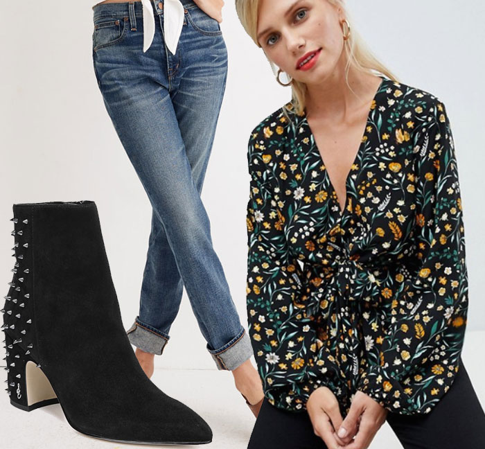 wear for Thanksgiving worn out jeans, floral blouse, black suede stud booties