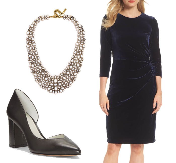 wear for Thanksgiving navy velvet dress, dorsay pumps, pearl bib necklace