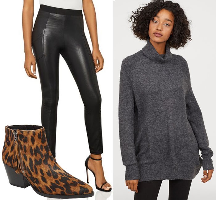 wear for Thanksgiving black leather legging, grey oversize sweater, leopard booties