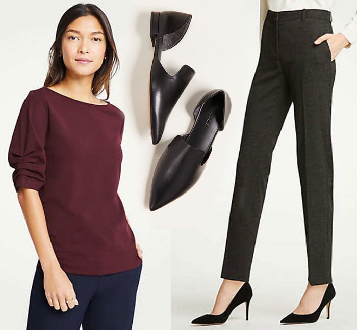 Wear For Thanksgiving burgundy short sleeve top, black pants, flat shoes