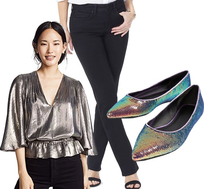 wear for Thanksgiving shiny top, black jeans, sequin flats