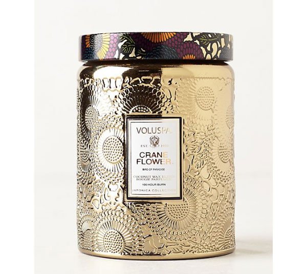 Champagne Voluspa Cut Glass Jar Candle gold multicolored flroal lid