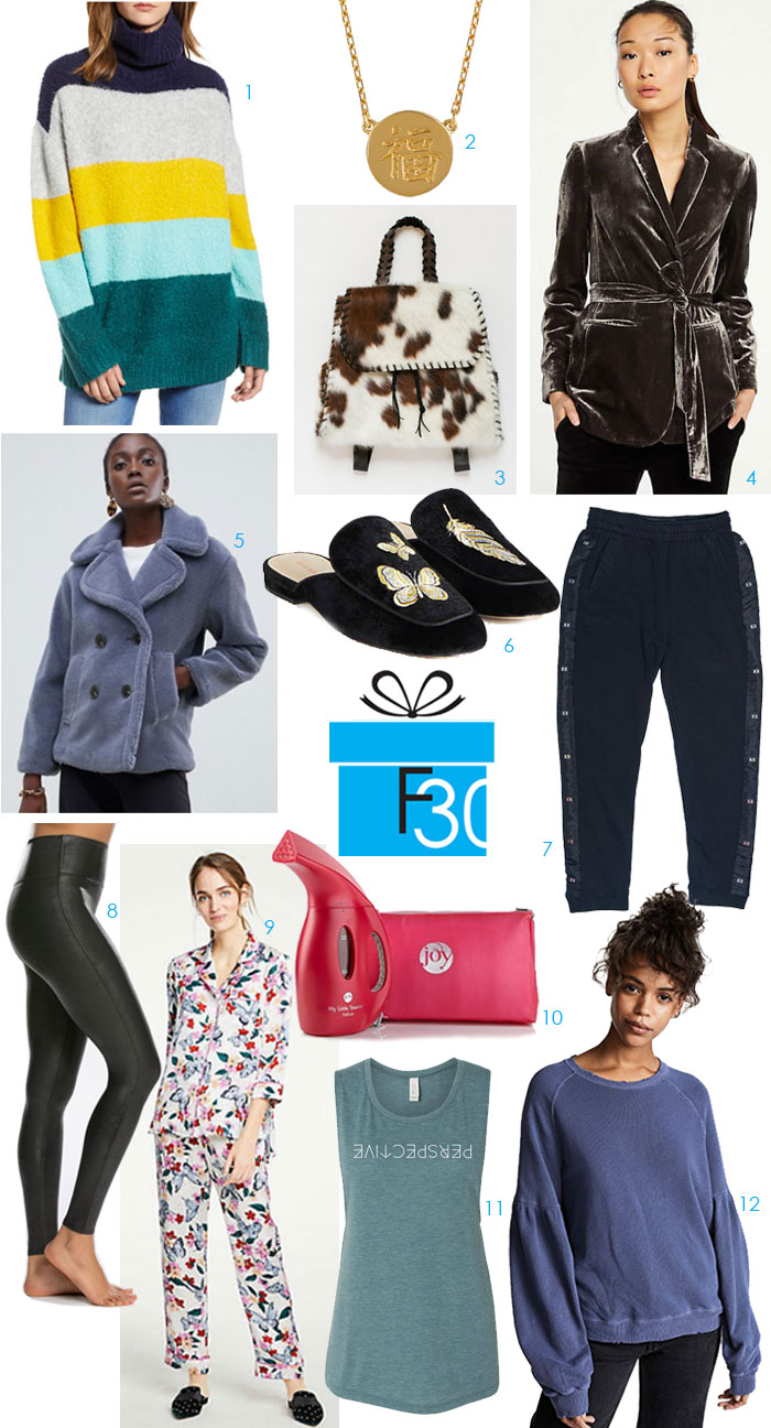 gift guide for a fashionista collage of sweaters, jackets, shoes, jewelry