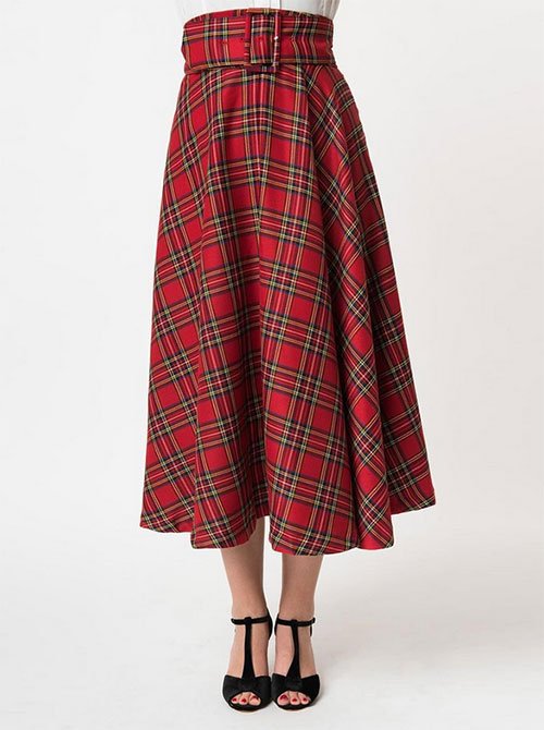 Kate Middleton Holiday Plaid Vintage Style Red Belted High Waist Midi Skirt