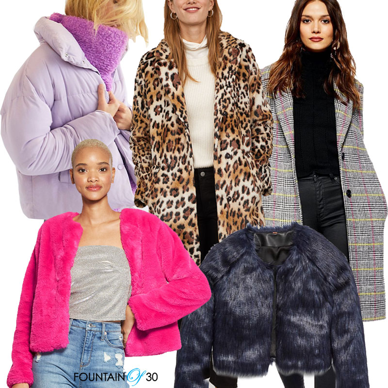 coats for holiday parties 5 styles on models, lilac puffer, leopard, check, hot ping fur, black fur