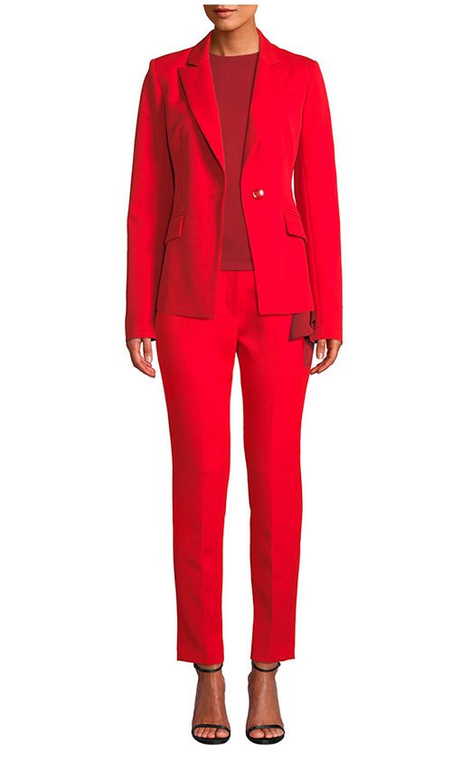 bright red Olivia Palermo look red suite jacket and pants