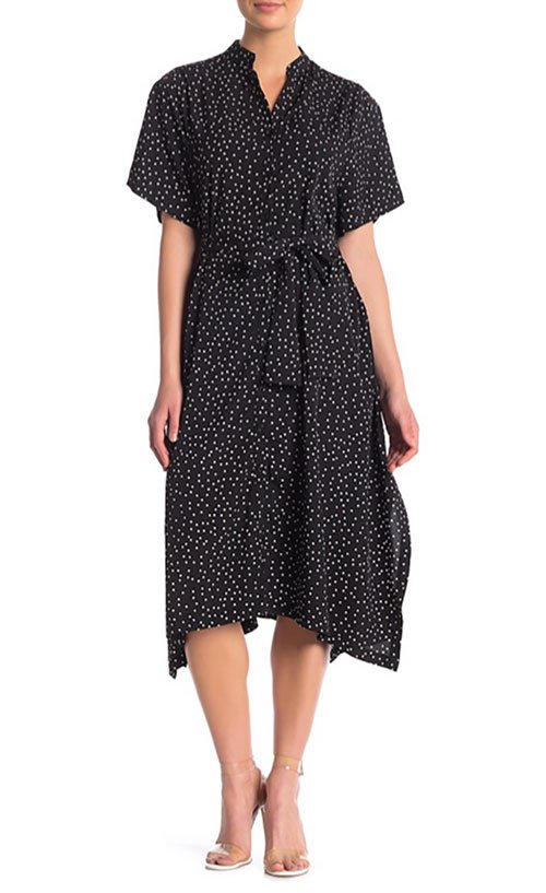 Sandra Bullock look for less black white dot midi dress