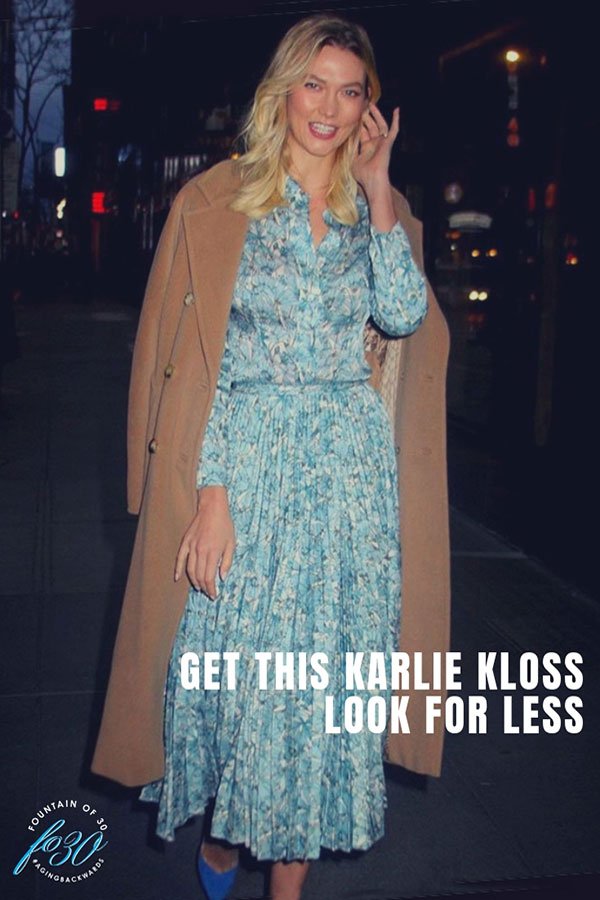 Karlie Kloss in a Floral Dress and Camel Wool Coat 