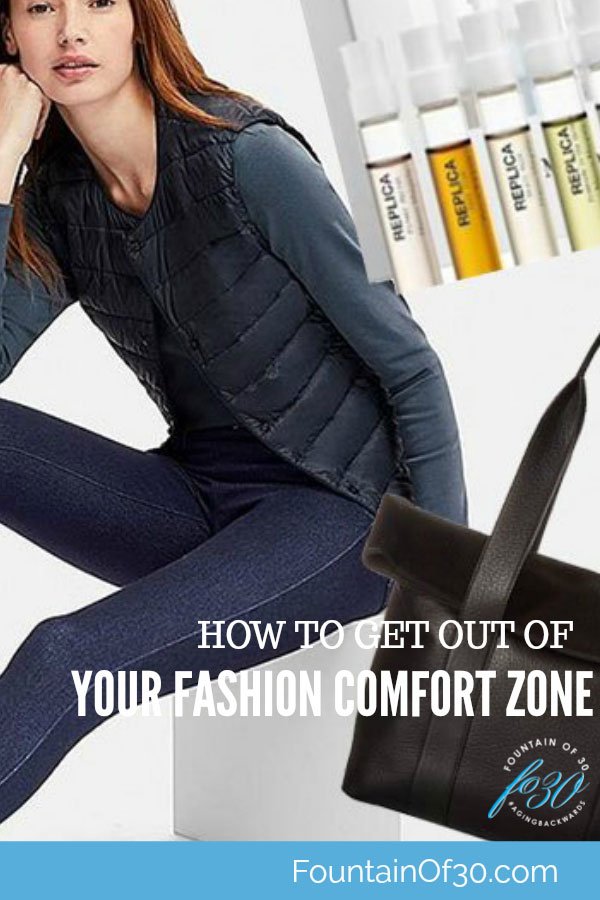 fashion comfort zone model in skinny jeans and vest, fragrance sampler, black tote bag